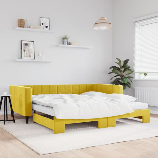 Sofa Bed Single Upholstered with Fabric Yellow with Slats & Mattress 100x200cm