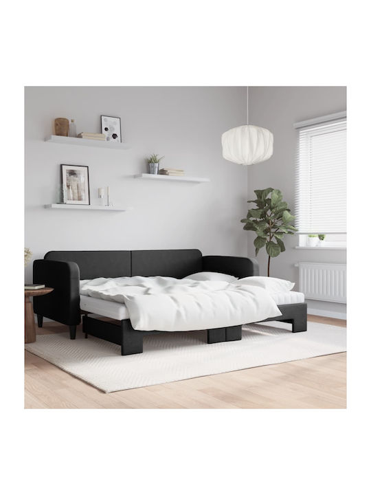 Canapea Pat Single din Lemn Masiv Negru cu Lamele & Saltea 90x200cm