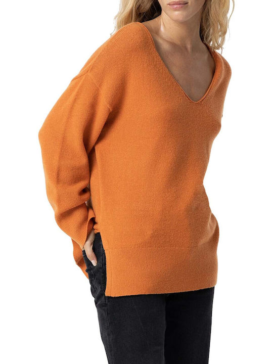 Tiffosi Women's Long Sleeve Sweater with V Neckline Orange