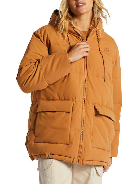 Love Women's Short Puffer Jacket for Winter with Hood Brown