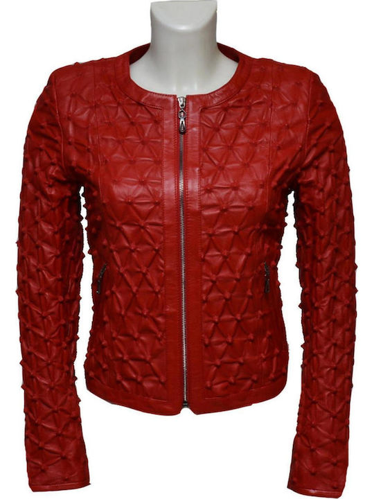Women's Short Lifestyle Leather Jacket for Winter Red