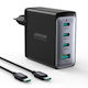 Joyroom Ladegerät GaN mit USB-A Anschluss und 3 USB-C Anschlüsse und Kabel USB-C 100W Stromlieferung / Schnellaufladung 3.0 Schwarzs (JR-TCG04EU)