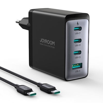 Joyroom Ladegerät GaN mit USB-A Anschluss und 3 USB-C Anschlüsse und Kabel USB-C 100W Stromlieferung / Schnellaufladung 3.0 Schwarzs (JR-TCG04EU)