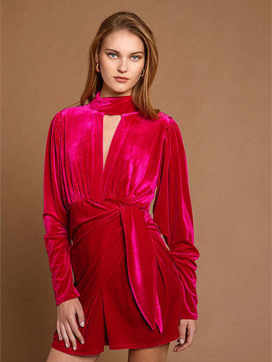 Nema Resort Wear Evening Velvet Mini Party Shirt Dress Fuchsia , Regular Fit