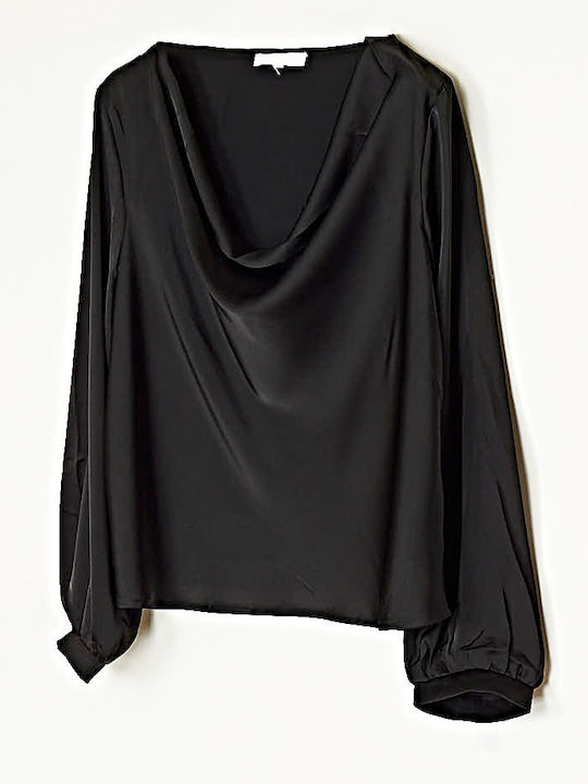 Cuca Women's Blouse Satin Long Sleeve Drape Black