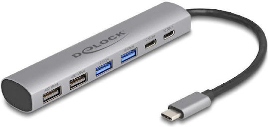 DeLock USB Хъб 6 Порта USB 2.0 с USB-C Сив