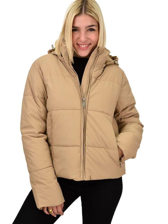 Potre Women's Short Puffer Jacket for Winter with Detachable Hood Beige