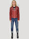Women's Short Biker Leather Jacket for Winter Red