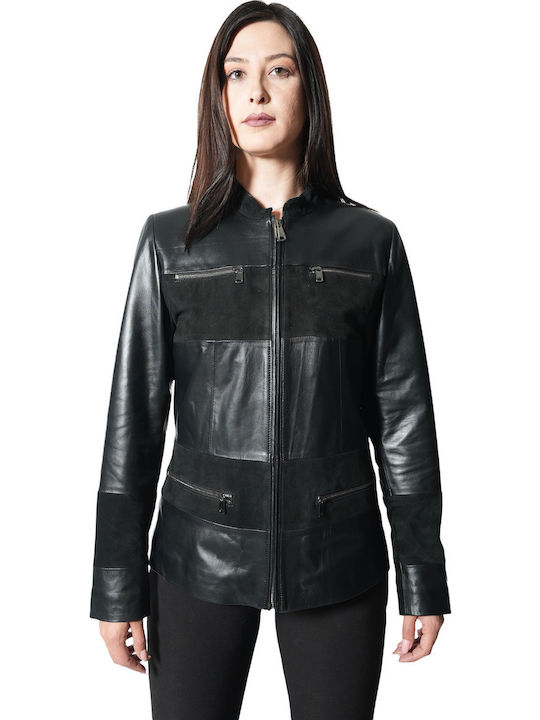 Women's Short Lifestyle Leather Jacket for Winter Black