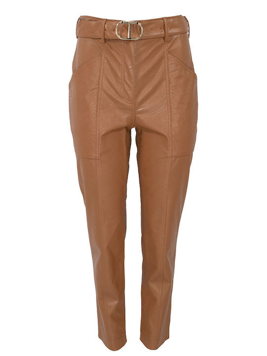 Women's High-waisted Fabric Trousers Slim Fit Brown