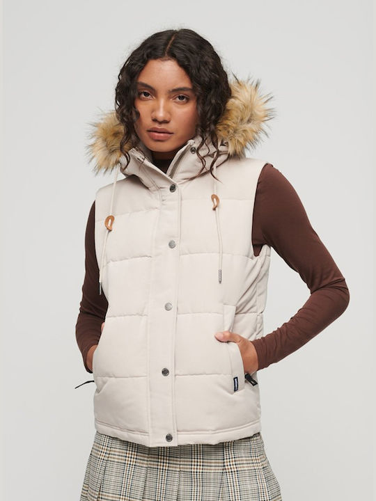 Superdry Everest Faux Κοντό Γυναικείο Puffer Μπουφάν για Χειμώνα Light Grey