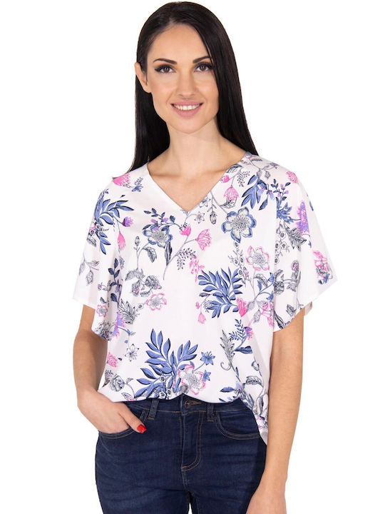 Byoung Women's Blouse Short Sleeve with V Neckline Floral 80039/OFF WHITE FLOWER