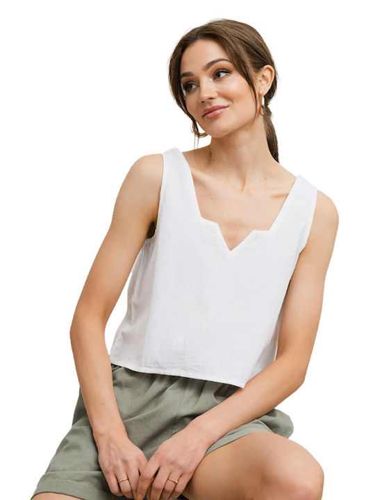 Rut Women's Blouse Cotton Sleeveless with V Neckline White.