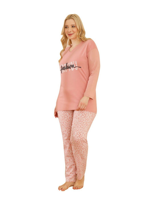 Sexen Χειμερινό Βαμβακερό Γυναικείο Παντελόνι Πιτζάμας Ροζ Plus Size
