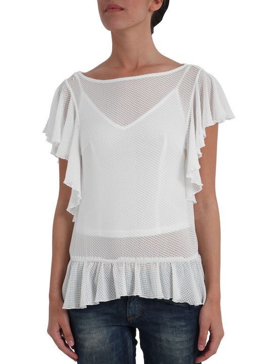 Traffic People Women's Blouse Cotton Short Sleeve White.