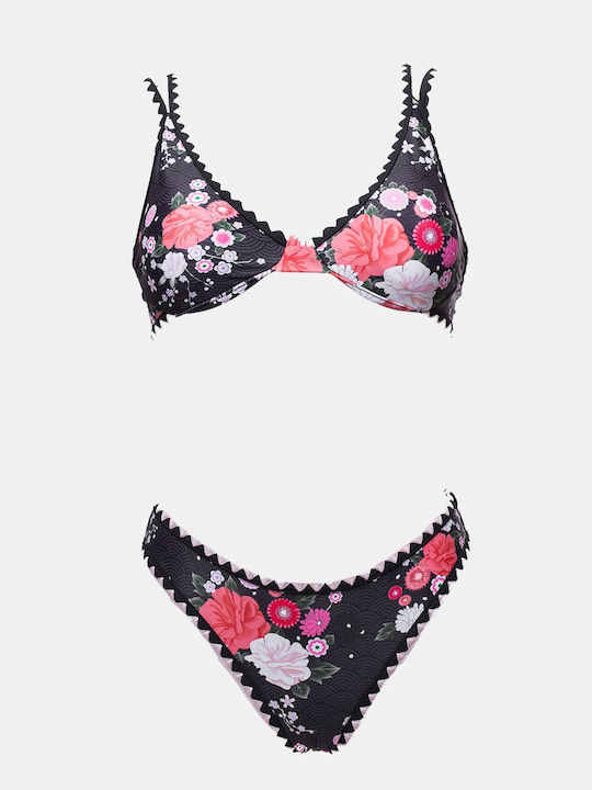 Decoro Underwire Bikini Set Bra & Slip Bottom with Adjustable Straps BLACK Floral Decoro Underwire Bikini Set Bra & Slip Bottom with Adjustable Straps BLACK Floral
