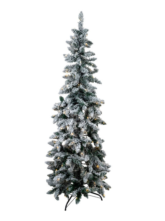 Snowy Christmas Slim Green Tree with Metallic Base and LED Lighting H180cm