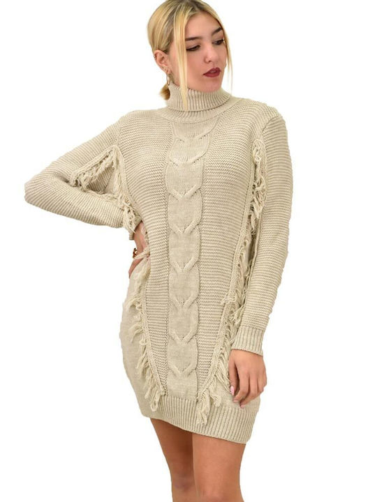 Potre Mini Rochie Tricotat Guler Înalt Beige