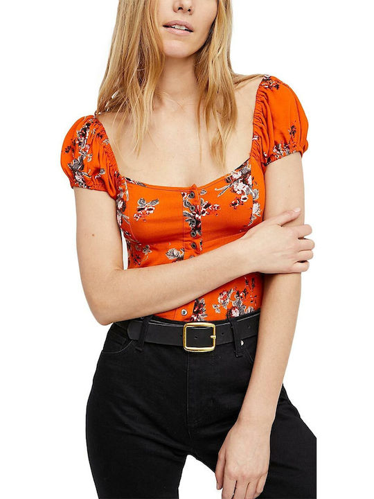 Free People Women's Blouse Short Sleeve Floral orange
