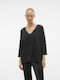 Women's Blouse with 3/4 Sleeve & V Neckline Black silver lurex