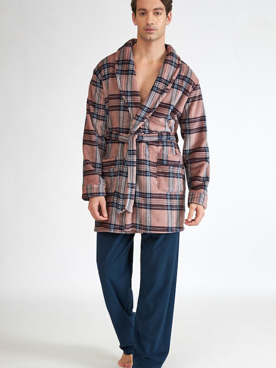 Harmony Χειμερινή Καρό Ανδρική Ρόμπα Fleece Καφέ