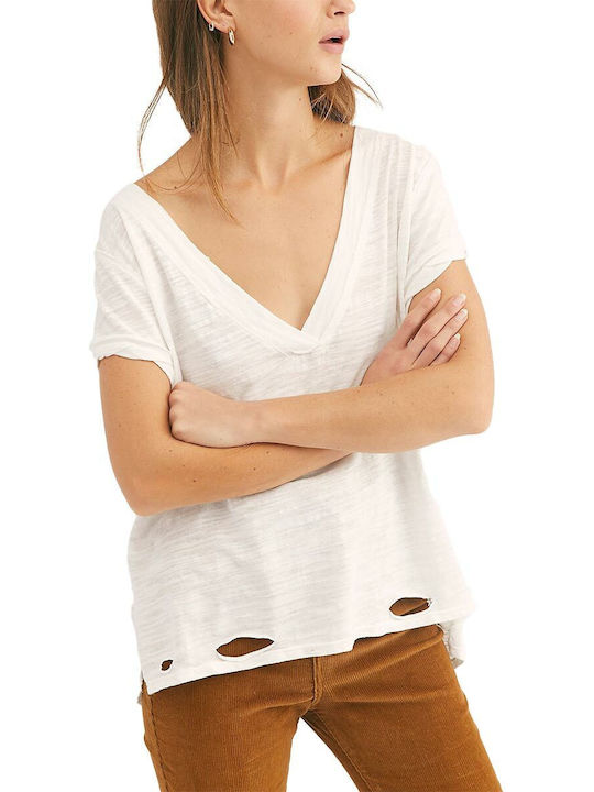 Free People Women's Blouse Cotton Short Sleeve with V Neck Beige