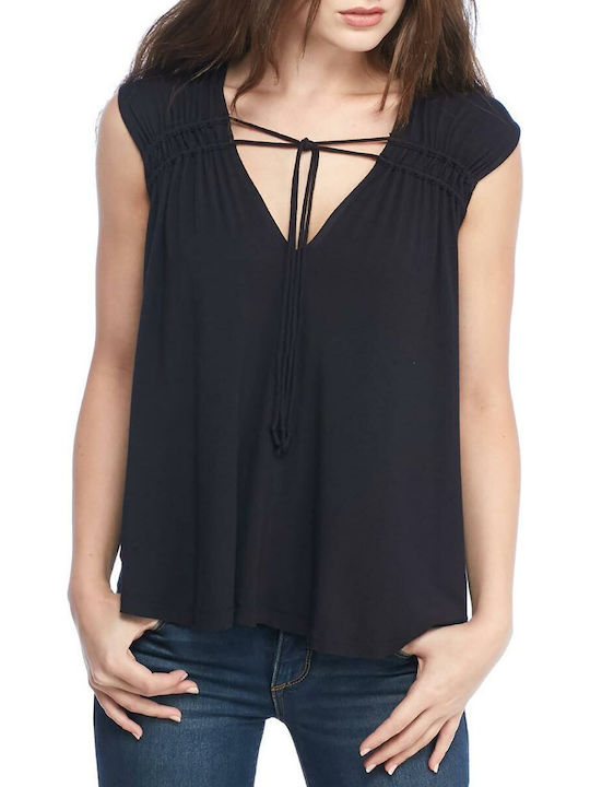 Free People Women's Blouse Short Sleeve with V Neckline black