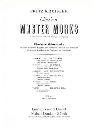 Editions Eulenburg Kreisler Paganini Moto Perpetuo OP.11