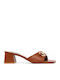 Leather Mules with Chunky Low Heel in Tabac Brown Color