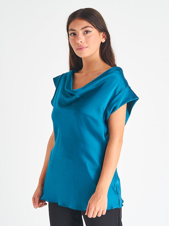 Beltipo Women's Blouse Satin Short Sleeve Drape Blue