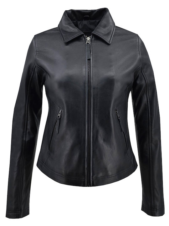 Women's Short Biker Leather Jacket for Winter Black