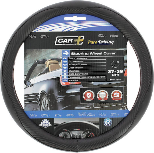 Car+ Husă Volan Auto cu Diametru 39cm din Piele ecologică Negru cu Cusătură Neagră