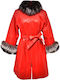 Leather Women's Red Peacoat with Fur Details