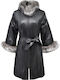 Leather Women's Black Peacoat with Fur Details
