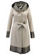 Leather Women's Beige Peacoat with Hood