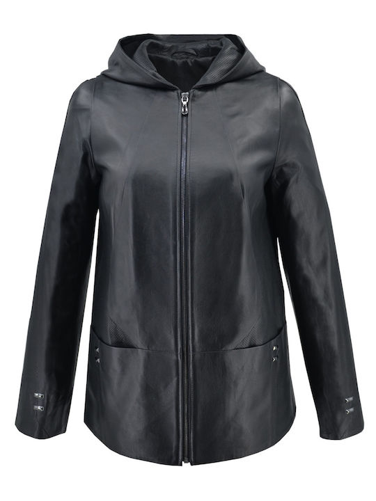 Δερμάτινα 100 Women's Short Lifestyle Leather Jacket for Winter with Hood BLACK