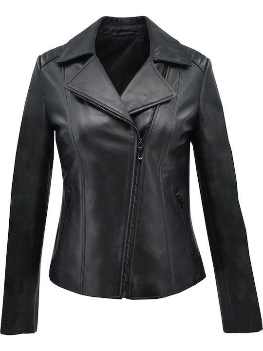 Δερμάτινα 100 Women's Short Biker Leather Jacket for Winter Black