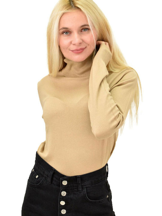 Potre Women's Long Sleeve Pullover Turtleneck Brown