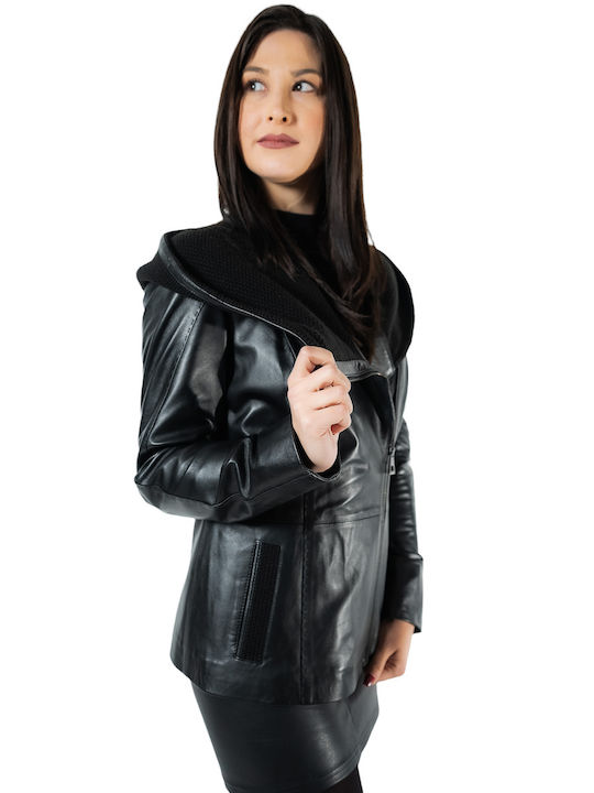 MARKOS LEATHER Women's Long Biker Leather Jacket for Winter with Hood Black