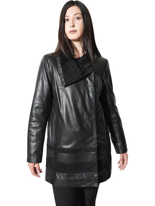 Women's Long Lifestyle Artificial Leather Jacket for Winter Black