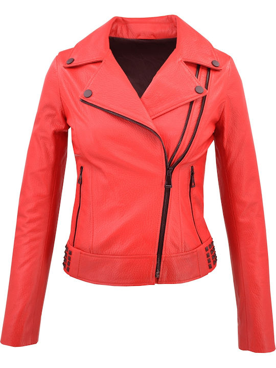 Δερμάτινα 100 Women's Short Biker Leather Jacket for Winter Red