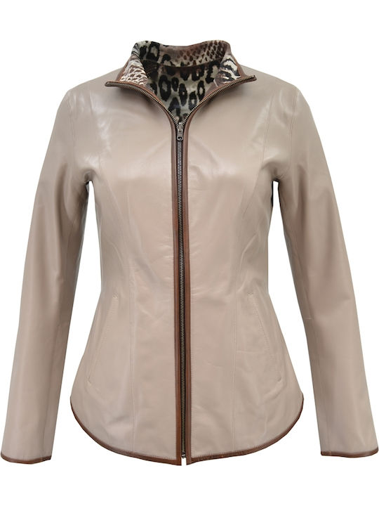 Women's Short Lifestyle Leather Jacket for Spring or Autumn Beige