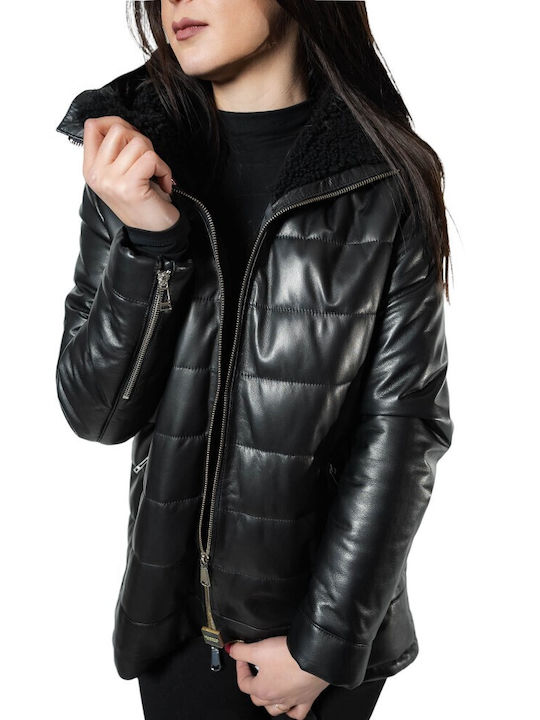 MARKOS LEATHER Women's Long Lifestyle Leather Jacket for Winter with Hood Black