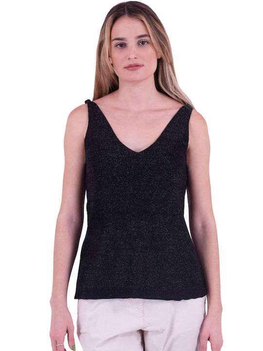 ICHI Women's Summer Blouse Sleeveless with V Neckline Black