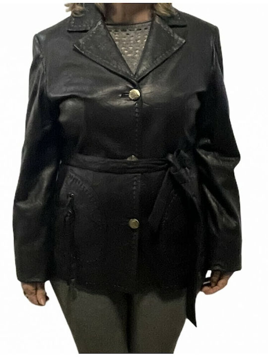 MARKOS LEATHER Γυναικείο Δερμάτινο Μεσάτο Σακάκι Μαύρο