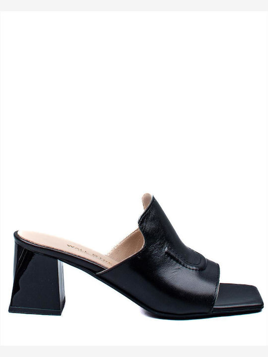 Leather Mules with Chunky High Heel in Black Color