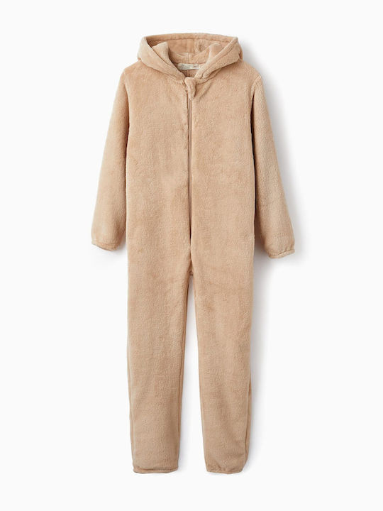 Zippy Kids' One-piece Pajamas Winter Fleece BEIGE Red Nose