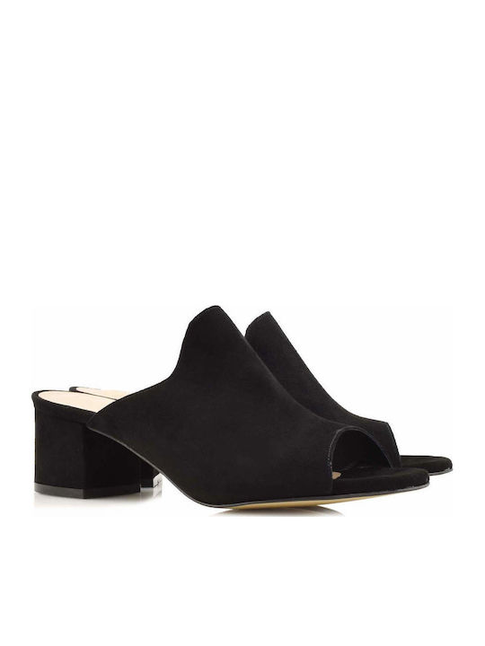 Suede Mules with Chunky Low Heel in Black Color