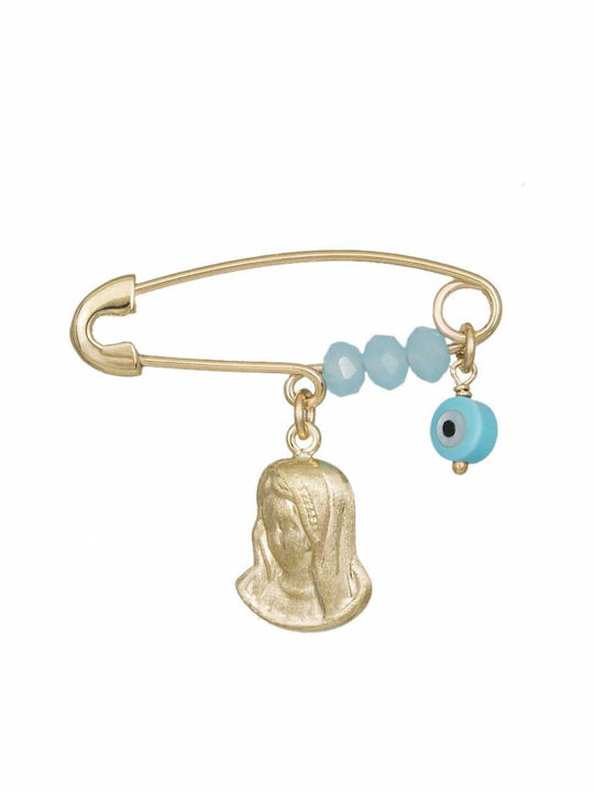 Child Safety Pin made of Gold 9K with Icon of the Virgin Mary for Boy