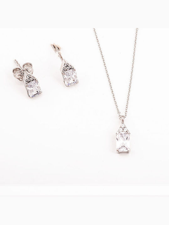 Kosmima Shop White Gold Set Necklace & Earrings with Stones 9K